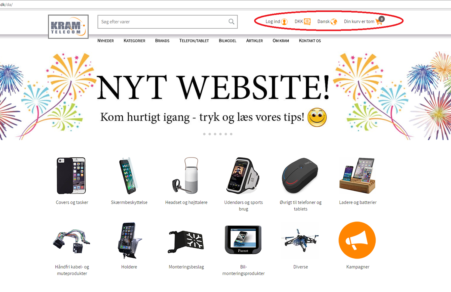 Du finder Log ind, Valuta, Sprog og indkøbskurven øverst til højre.