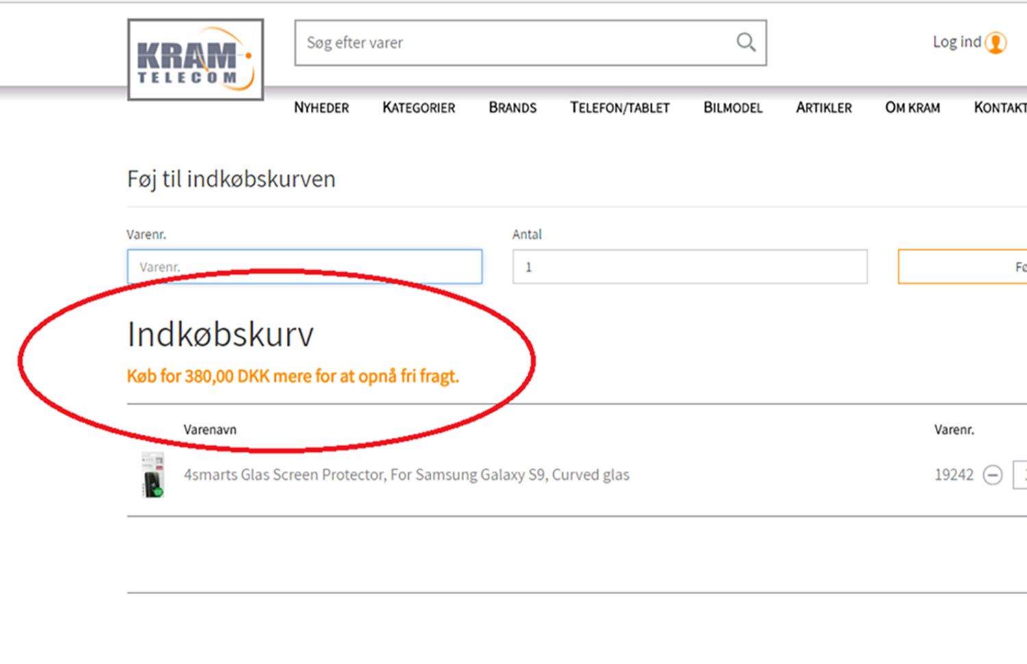 Her kan du se hvor meget du skal købe, for at få fri fragt.
