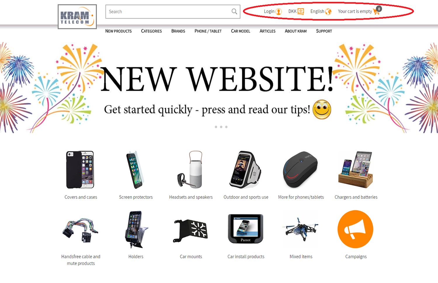 You will find Sign in, Currency, Language and the shopping cart in the upper right.